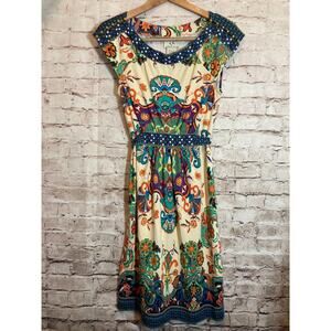 Vintage ICE Dress Womens 6 Midi Medallion Print Beaded Tie Back Stretch Flowy